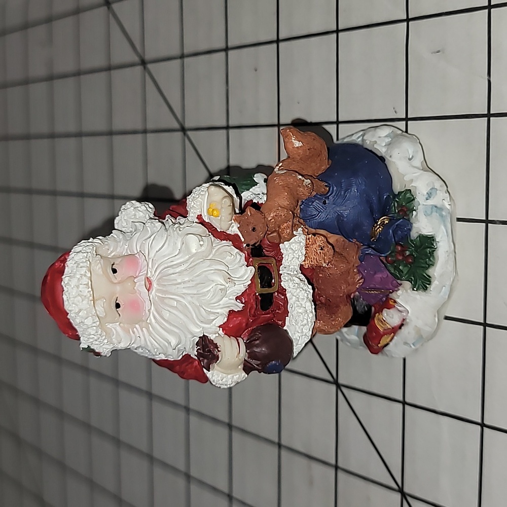 Santa‎ w Teddy Bear and Santa's Bag - Preloved 3.5" tall